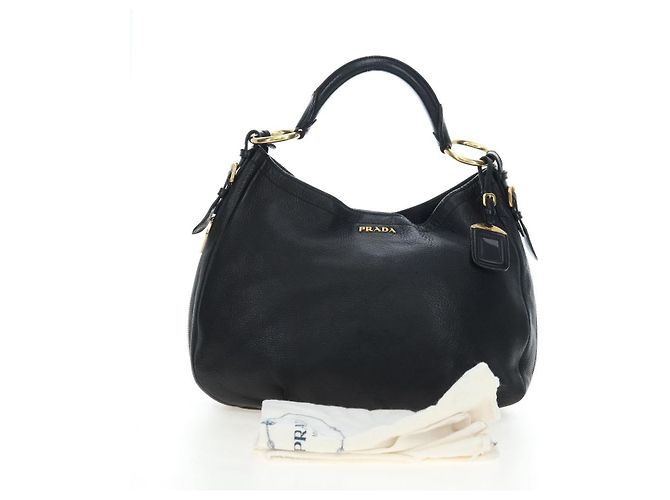 Borsa a Spalla PRADA Vittero Dino Leather Black Gold Auth 194765M Nero D'oro - vista 12