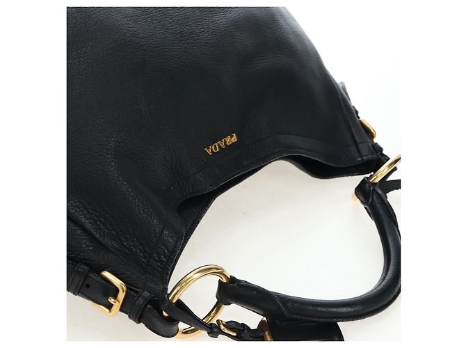 Borsa a Spalla PRADA Vittero Dino Leather Black Gold Auth 194765M Nero D'oro - vista 14