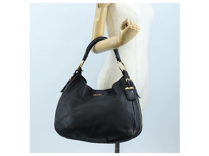 Borsa a Spalla PRADA Vittero Dino Leather Black Gold Auth 194765M Nero D'oro - vista 29
