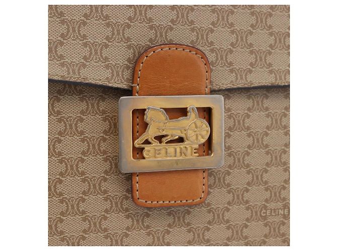 Céline Borsa a tracolla CELINE Macadam Canvas PVC Beige Gold Auth 195634 D'oro - vista 18