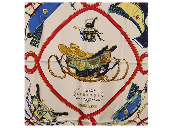Hermès Foulard HERMES Carre 90 in Seta "SPRINGS" Avorio Rosso Auth 194422 Crudo - vista 6