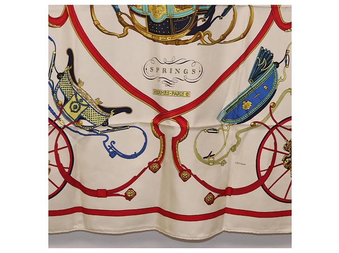 Hermès Foulard HERMES Carre 90 in Seta "SPRINGS" Avorio Rosso Auth 194422 Crudo - vista 9