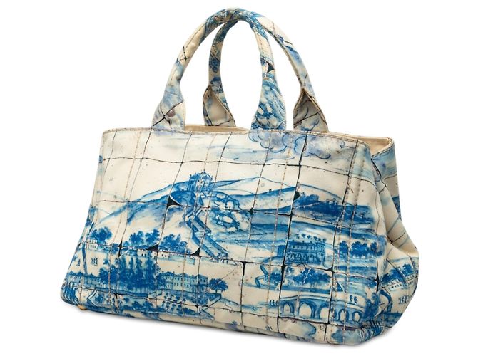 Borsa Satchel Prada Large Canvas Canapa Azulejos Blu - vista 2