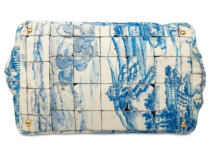 Borsa Satchel Prada Large Canvas Canapa Azulejos Blu - vista 3