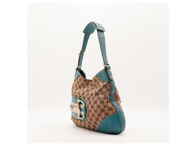 Borsa a tracolla Gucci in tela monogramma e pelle Marrone D'oro Turchese - vista 2