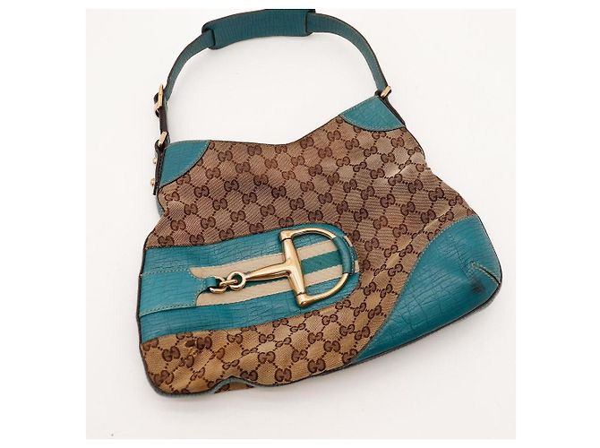 Borsa a tracolla Gucci in tela monogramma e pelle Marrone D'oro Turchese - vista 6