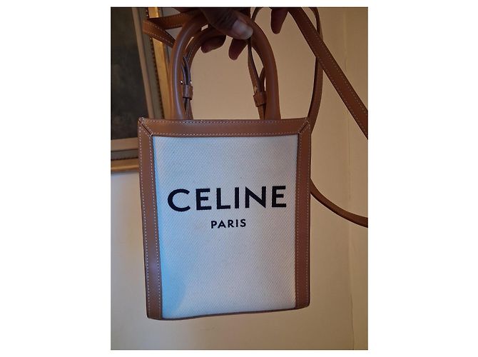 Cabas Céline Bolso tote CELINE de lona y cuero Castaño Blanco - vista 3