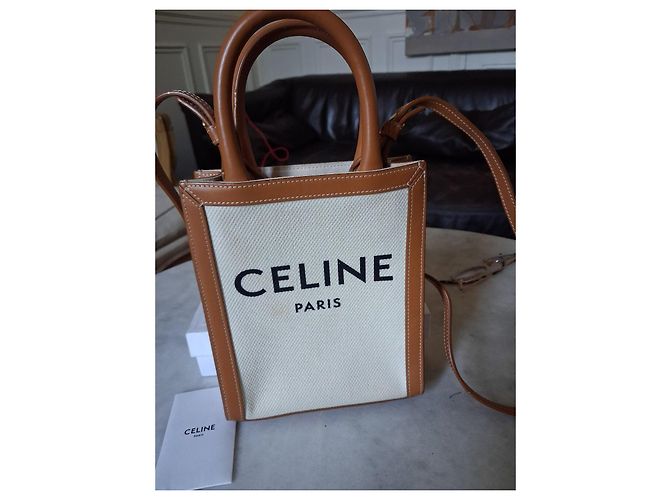 Cabas Céline Bolso tote CELINE de lona y cuero Castaño Blanco - vista 6