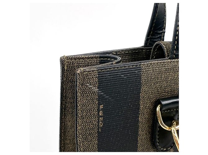 Bolsa de mão Fendi Pequin Castanho Preto Couro e Tela Marrom - vista 5