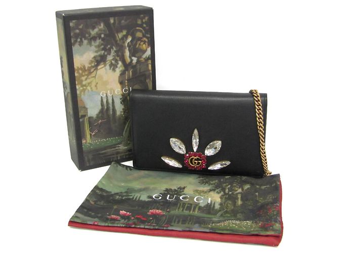 Portafoglio a catena/spalla in pelle Gucci Double G Crystal Bijou Nero - vista 2