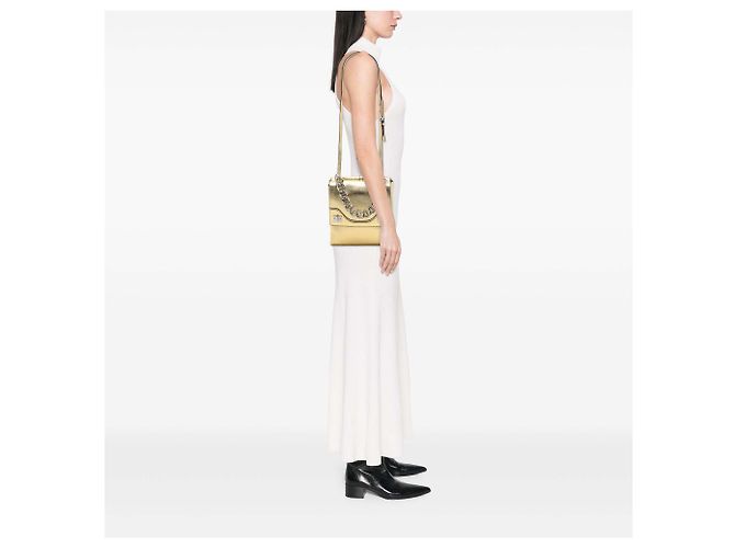 Double Borsa Satchel Prada in pelle metallizzata oro con doppio lembo e chiusura a rotazione D'oro - vista 6