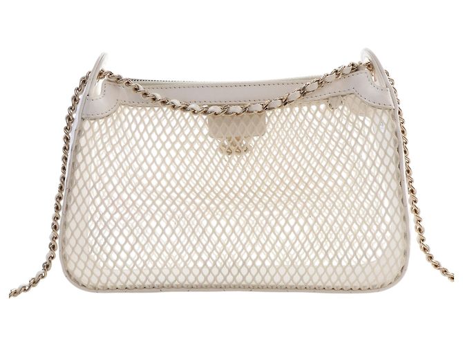 Chanel White CC Clutch aus Mesh und glänzendem Lammleder mit Kette Weiß - Ansicht 4