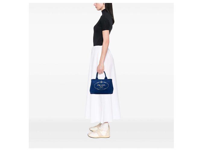 Borsa Tote Prada Blue Small Canvas Canapa Logo - vista 6