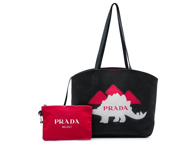 Prada Canapa Tote aus schwarzem Canvas mit Dinosaurier-Print - Ansicht 6