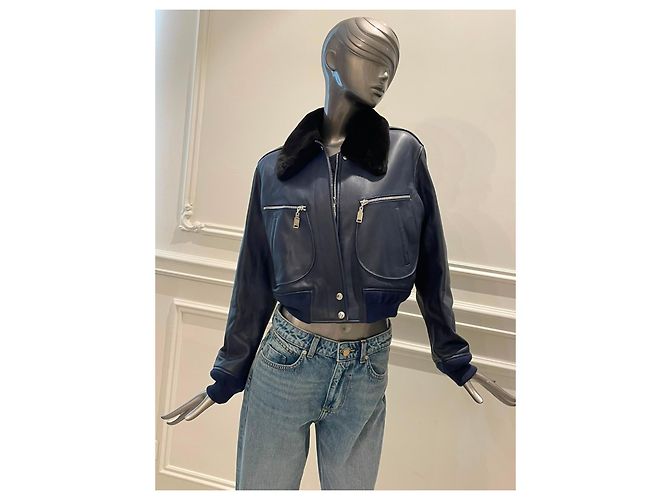 Louis Vuitton Navy Leather Bomber Jacket with Fur Collar Blue - view 3