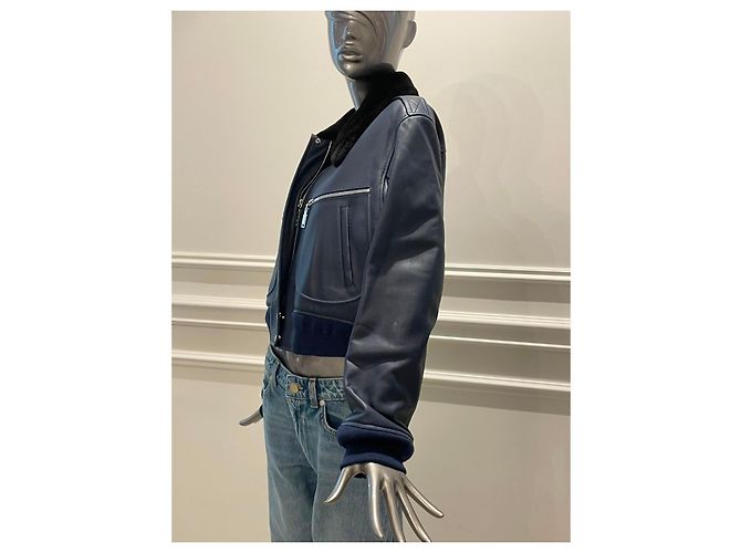 Louis Vuitton Navy Leather Bomber Jacket with Fur Collar Blue - view 4