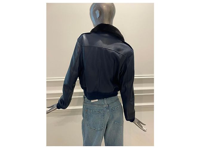 Louis Vuitton Navy Leather Bomber Jacket with Fur Collar Blue - view 5