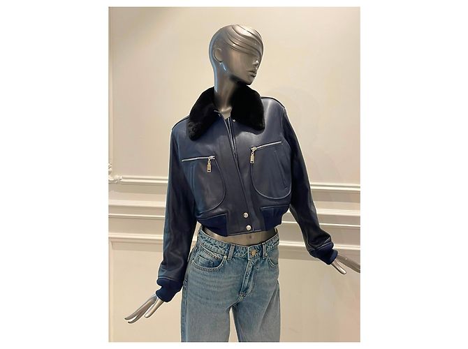 Louis Vuitton Navy Leather Bomber Jacket with Fur Collar Blue - view 7