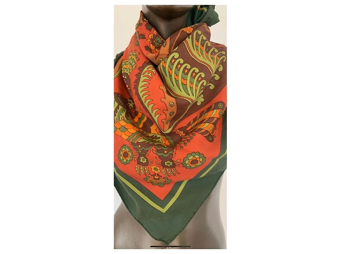 Carré di seta J. Abadie per Hermès Marrone Rosso Verde Arancione Porpora - vista 10