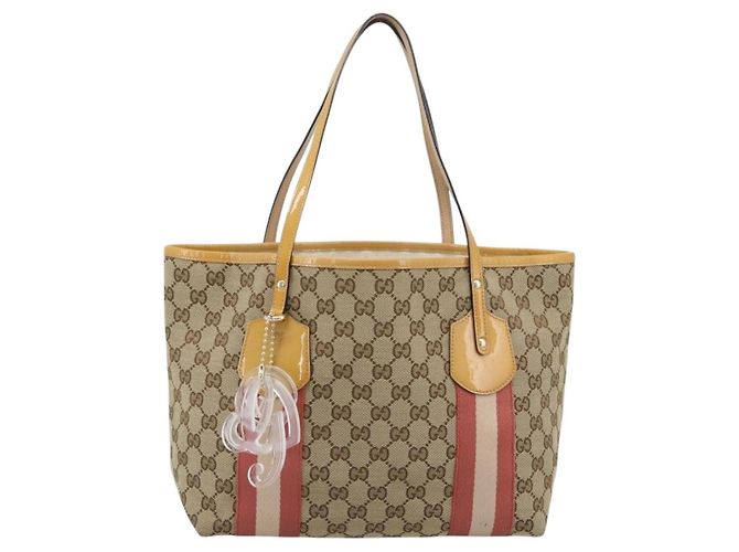Borsa Tote GUCCI GG Canvas Sherry Line Beige Gold 211971 Auth 196002 D'oro - vista 13