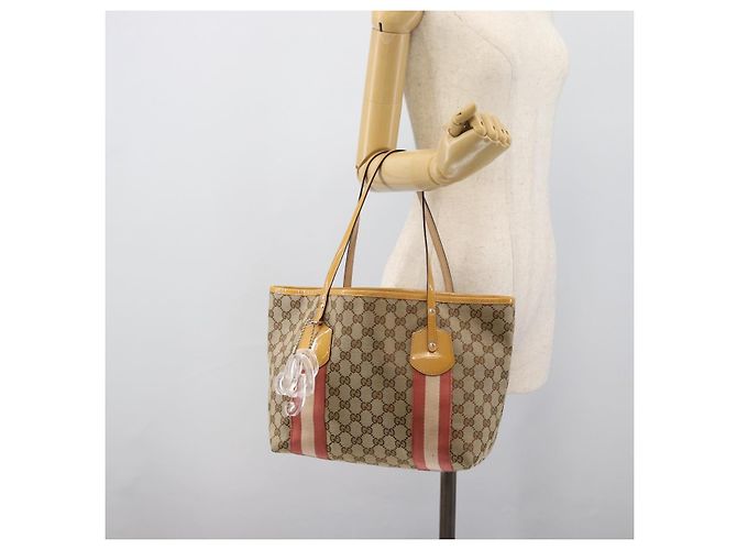 Borsa Tote GUCCI GG Canvas Sherry Line Beige Gold 211971 Auth 196002 D'oro - vista 22