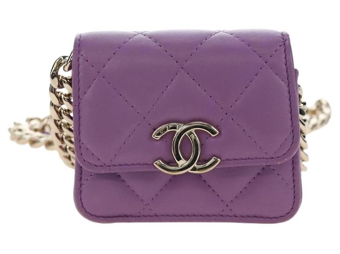 CHANEL Matelasse Chain Shoulder Pouch Lamb Skin Purple Gold CC Auth 195109M Dourado Roxo - vista 13