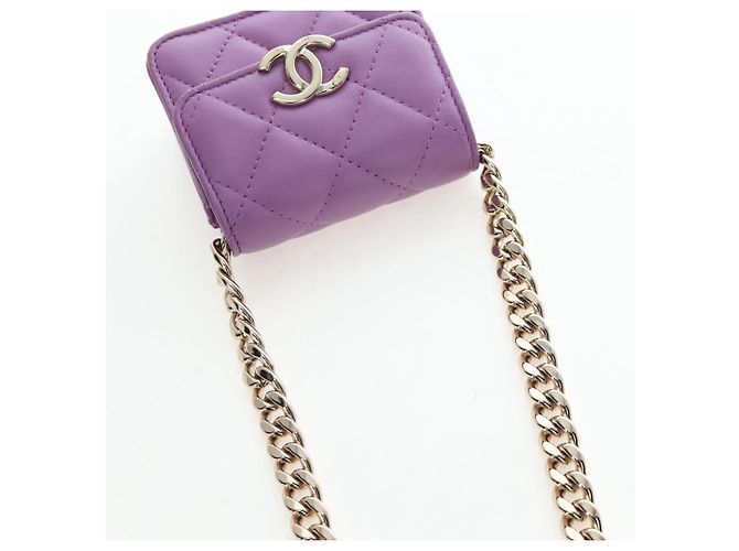 CHANEL Matelasse Chain Shoulder Pouch Lamb Skin Purple Gold CC Auth 195109M Dourado Roxo - vista 17