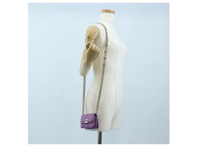 CHANEL Matelasse Chain Shoulder Pouch Lamb Skin Purple Gold CC Auth 195109M Dourado Roxo - vista 27