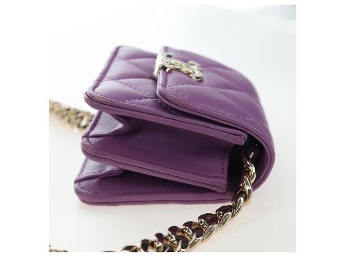 CHANEL Matelasse Chain Shoulder Pouch Lamb Skin Purple Gold CC Auth 195109M Dourado Roxo - vista 3