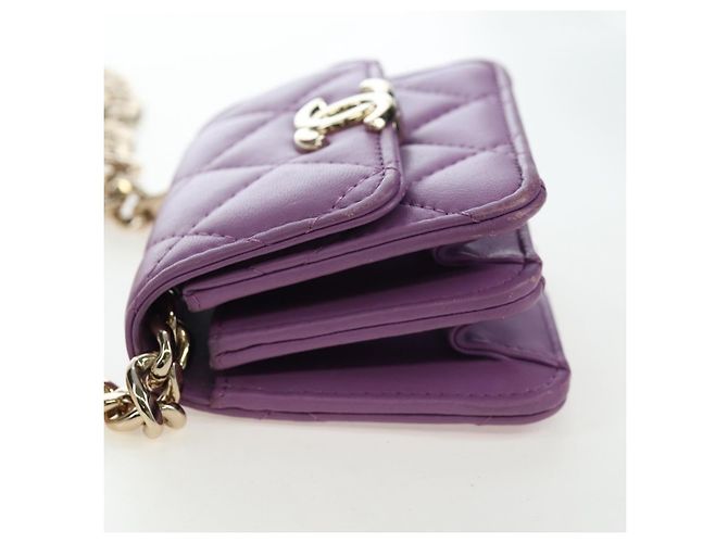 CHANEL Matelasse Chain Shoulder Pouch Lamb Skin Purple Gold CC Auth 195109M Dourado Roxo - vista 4