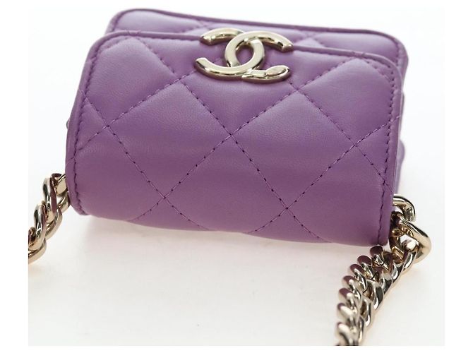 CHANEL Matelasse Chain Shoulder Pouch Lamb Skin Purple Gold CC Auth 195109M Dourado Roxo - vista 6