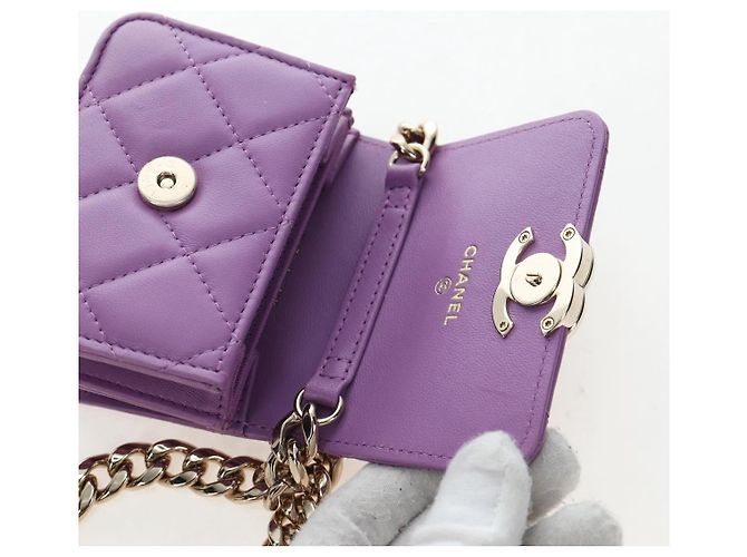 CHANEL Matelasse Chain Shoulder Pouch Lamb Skin Purple Gold CC Auth 195109M Dourado Roxo - vista 9