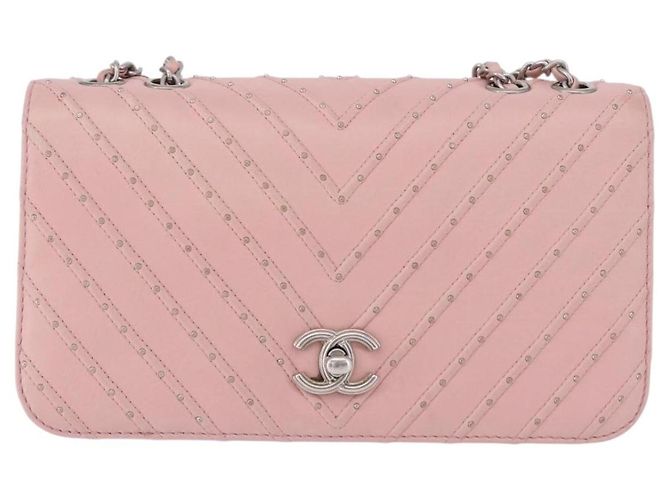 Borsa a tracolla CHANEL V Stitch Chain Studs in pelle d'agnello rosa argento CC Auth ka5624SAV - vista 13