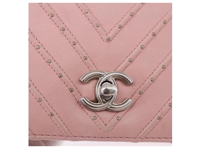 Borsa a tracolla CHANEL V Stitch Chain Studs in pelle d'agnello rosa argento CC Auth ka5624SAV - vista 17