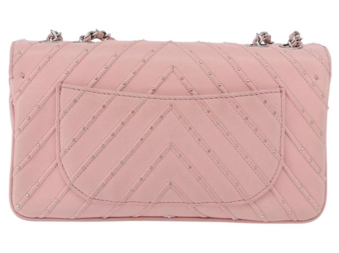 Borsa a tracolla CHANEL V Stitch Chain Studs in pelle d'agnello rosa argento CC Auth ka5624SAV - vista 2