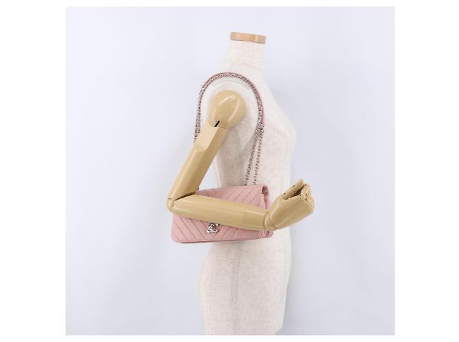Borsa a tracolla CHANEL V Stitch Chain Studs in pelle d'agnello rosa argento CC Auth ka5624SAV - vista 27