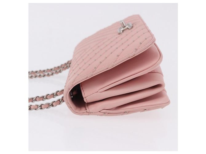 Borsa a tracolla CHANEL V Stitch Chain Studs in pelle d'agnello rosa argento CC Auth ka5624SAV - vista 4