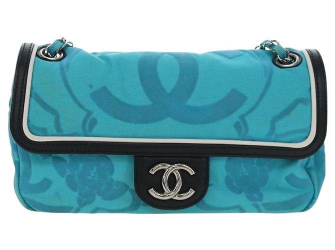 Borsa a tracolla con catena CHANEL Canvas Blu Turchese Argento CC Auth 195104M - vista 13