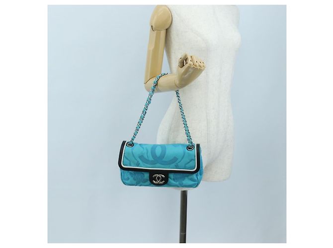 Borsa a tracolla con catena CHANEL Canvas Blu Turchese Argento CC Auth 195104M - vista 28