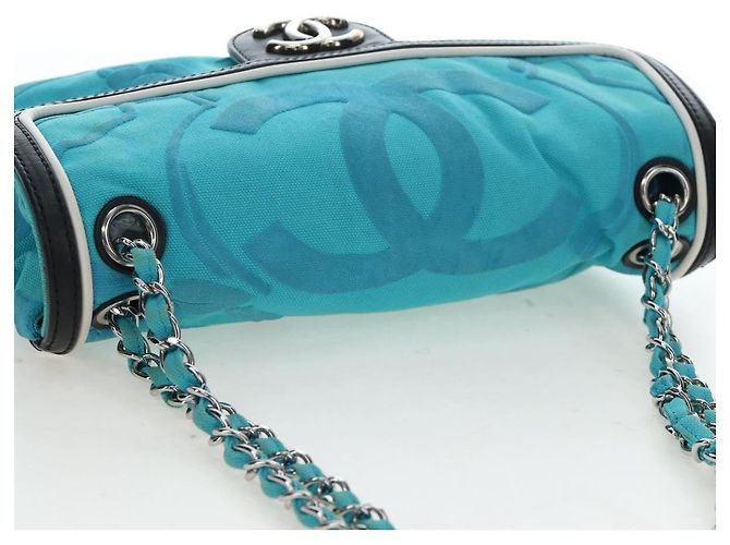 Borsa a tracolla con catena CHANEL Canvas Blu Turchese Argento CC Auth 195104M - vista 7