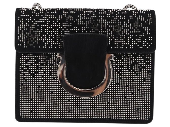 Borsa a tracolla Salvatore Ferragamo Gancini Chain in pelle nera e argento Auth 195321A Nero - vista 13