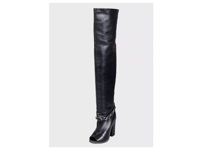 Balmain Black Leather Open-Toe Over-the-Knee Boots Sz.38 Pre-owned - view 3