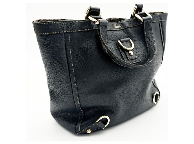 Borsa tote Gucci Abbey in pelle e tela blu navy - vista 3