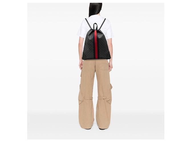 Gucci Black GG Supreme Web Drawstring Backpack - view 6