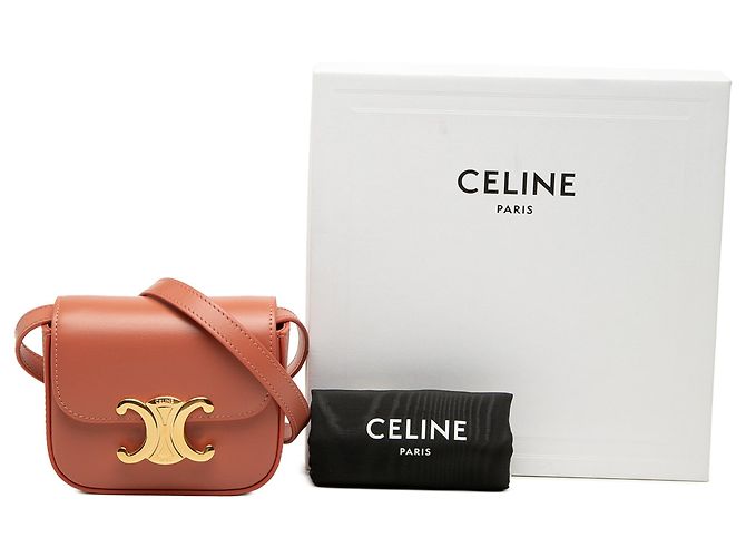Céline Celine Mini Borsa a Tracolla Triomphe in Vitello Lucido Marrone - vista 7