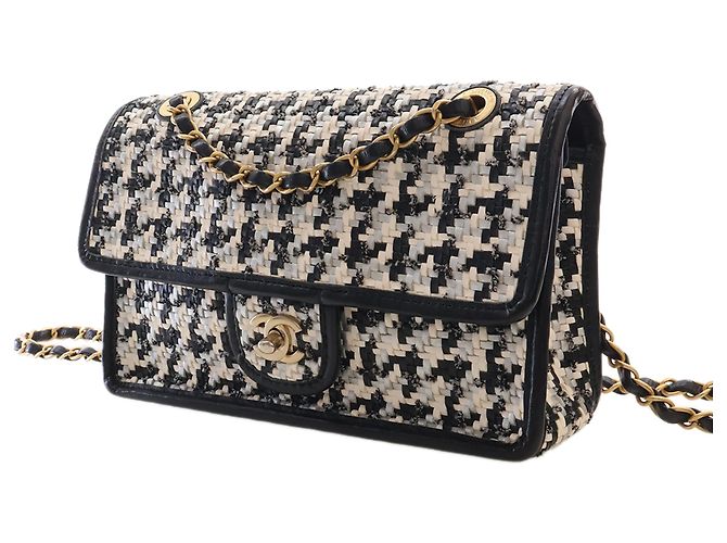 Chanel Beige CC Woven Lambskin and Viscose Houndstooth Single Flap - vista 2