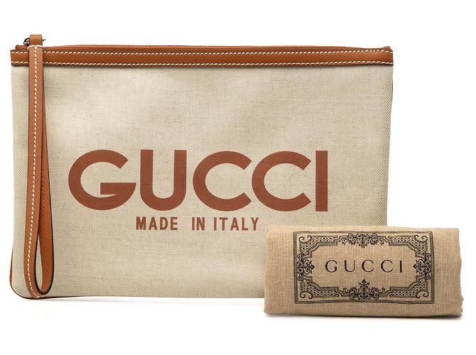 Clutch Gucci in tela beige con logo - vista 7