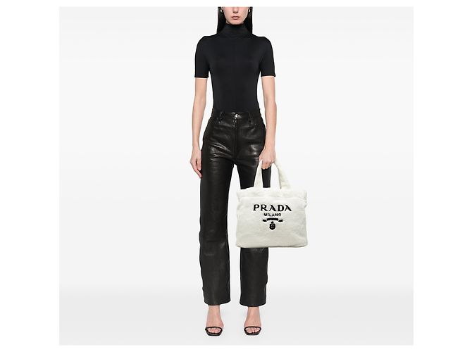Prada White Spugna Terry Cloth Logo Tote Weiß - Ansicht 7