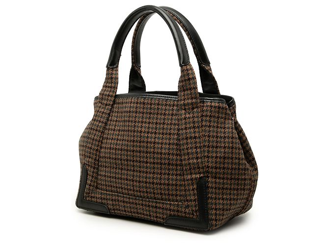Balenciaga Cabas Tote S in lana pied-de-poule marrone e blu navy - vista 2