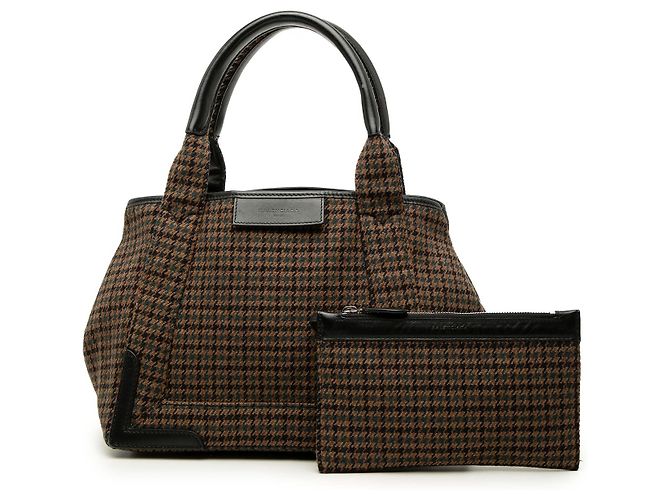 Balenciaga Cabas Tote S in lana pied-de-poule marrone e blu navy - vista 7